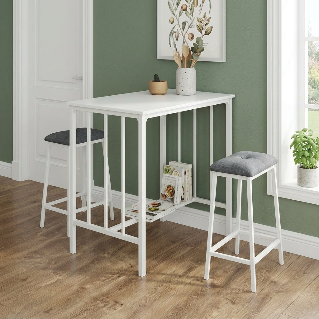 Counter-Height Dining Set with 2 Tufted Stools showing a close-up of the smooth grey wood-grain laminate surface and sturdy table legs