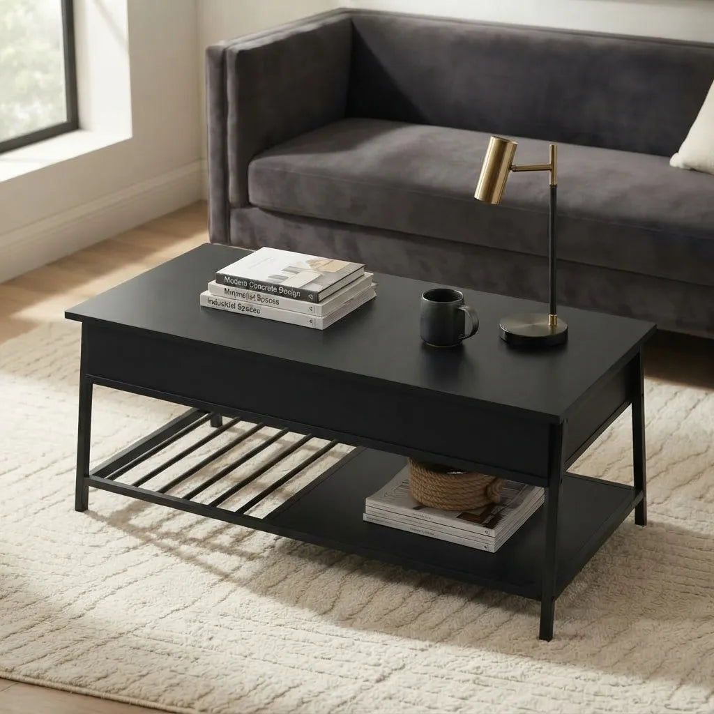 Spacious slatted bottom shelf on black metal lift top coffee table
