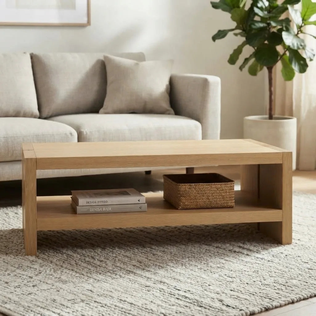Natural oak wood laminate coffee table with spacious lower display shelf