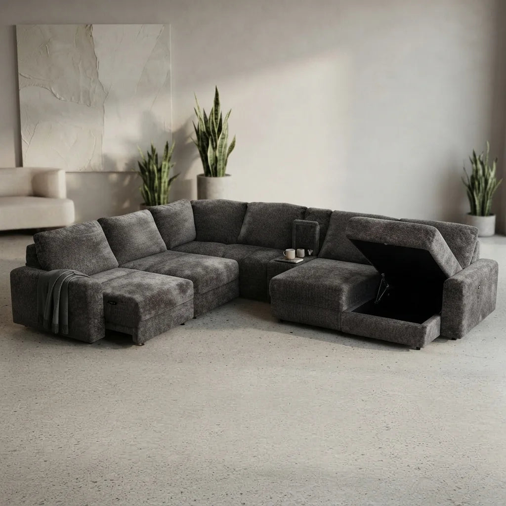 Charcoal gray fabric L-shaped storage sectional styled in a contemporary living room at dusk