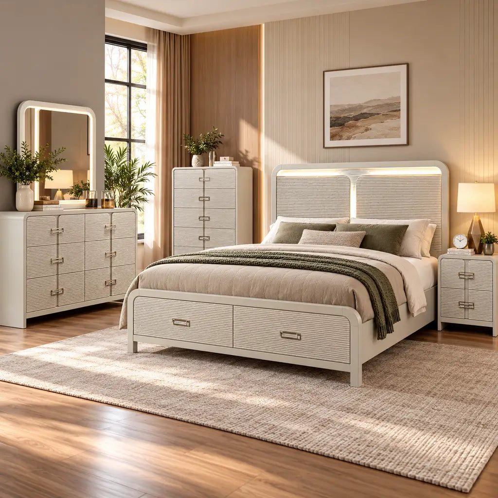 Contemporary Aria beige wood bedroom set featuring a storage bed, dresser, mirror, chest, and nightstand in a modern room