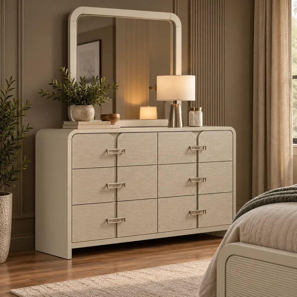 Aria beige wood 6-drawer double dresser paired with a matching rectangular wall mirror