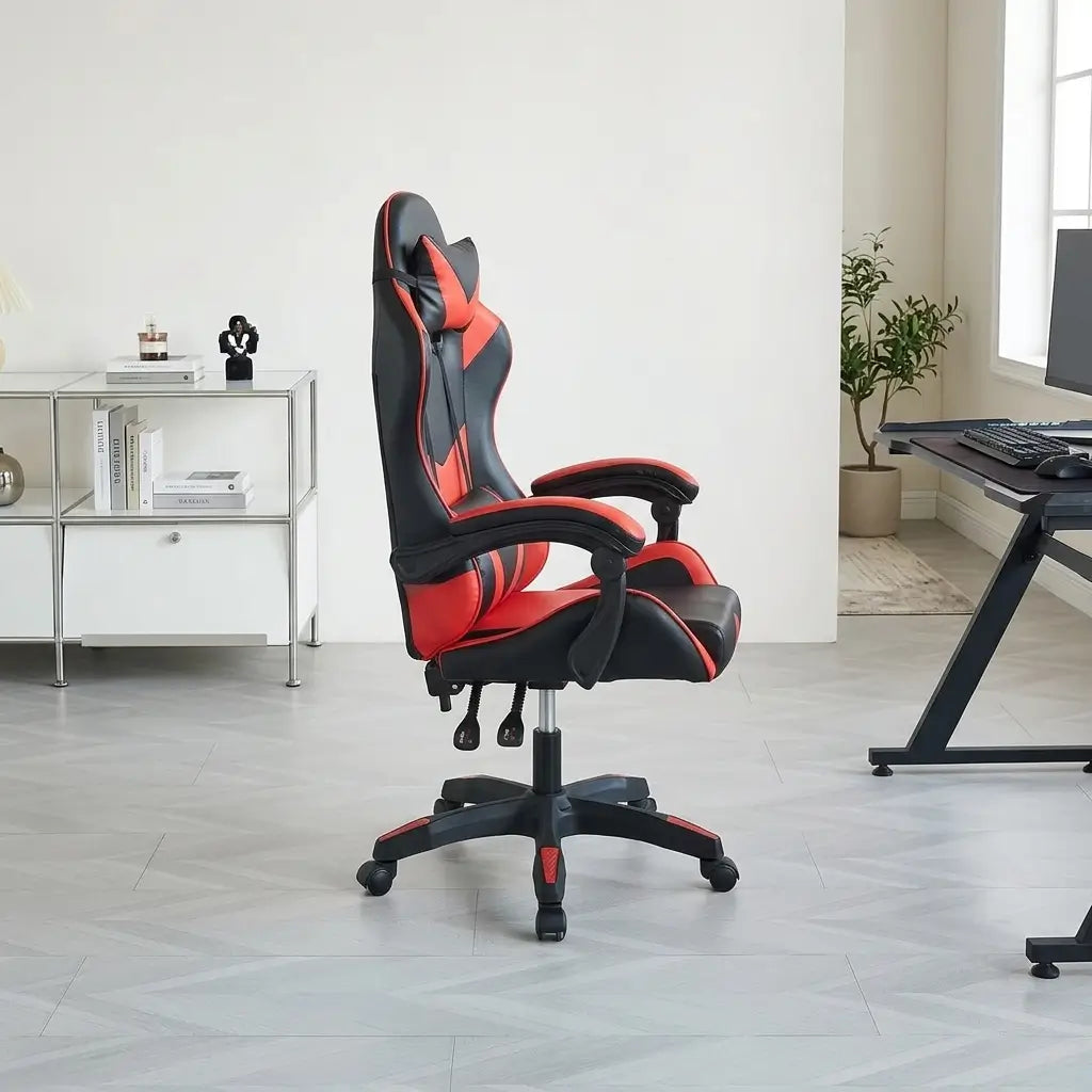 Black and red faux leather racing style gaming chair with ergonomic design, 360-degree swivel base, and adjustable seat height in a gaming setup