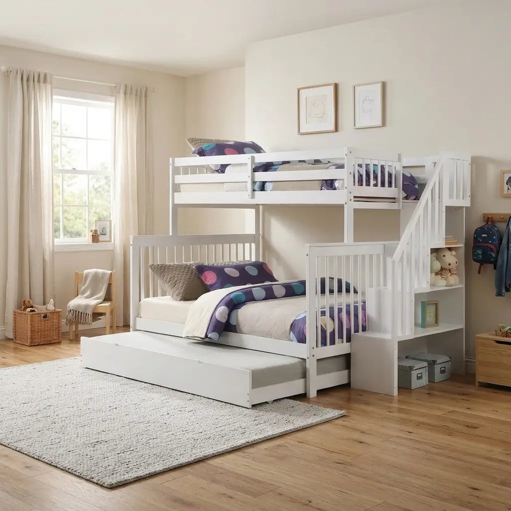 Single size pull-out trundle extended from the bunk bed