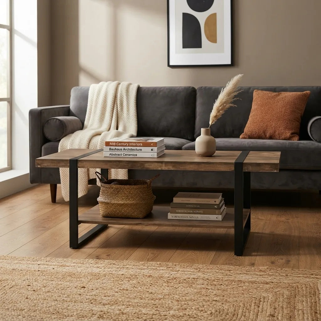 Modern two-tier black metal coffee table with open storage shelf in front of sofa