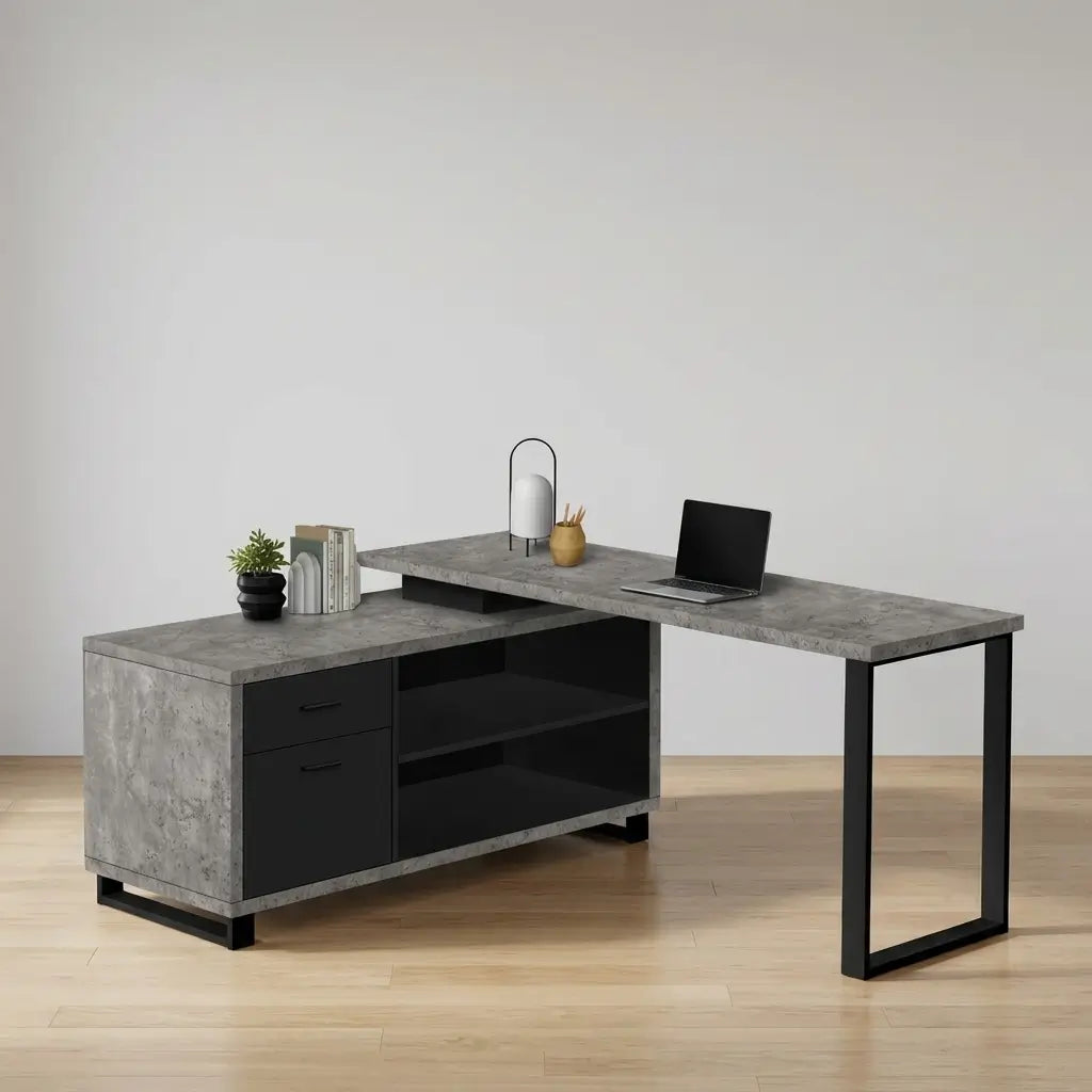 Angle-view of L-shaped computer desk featuring integrated storage cabinet and drawers