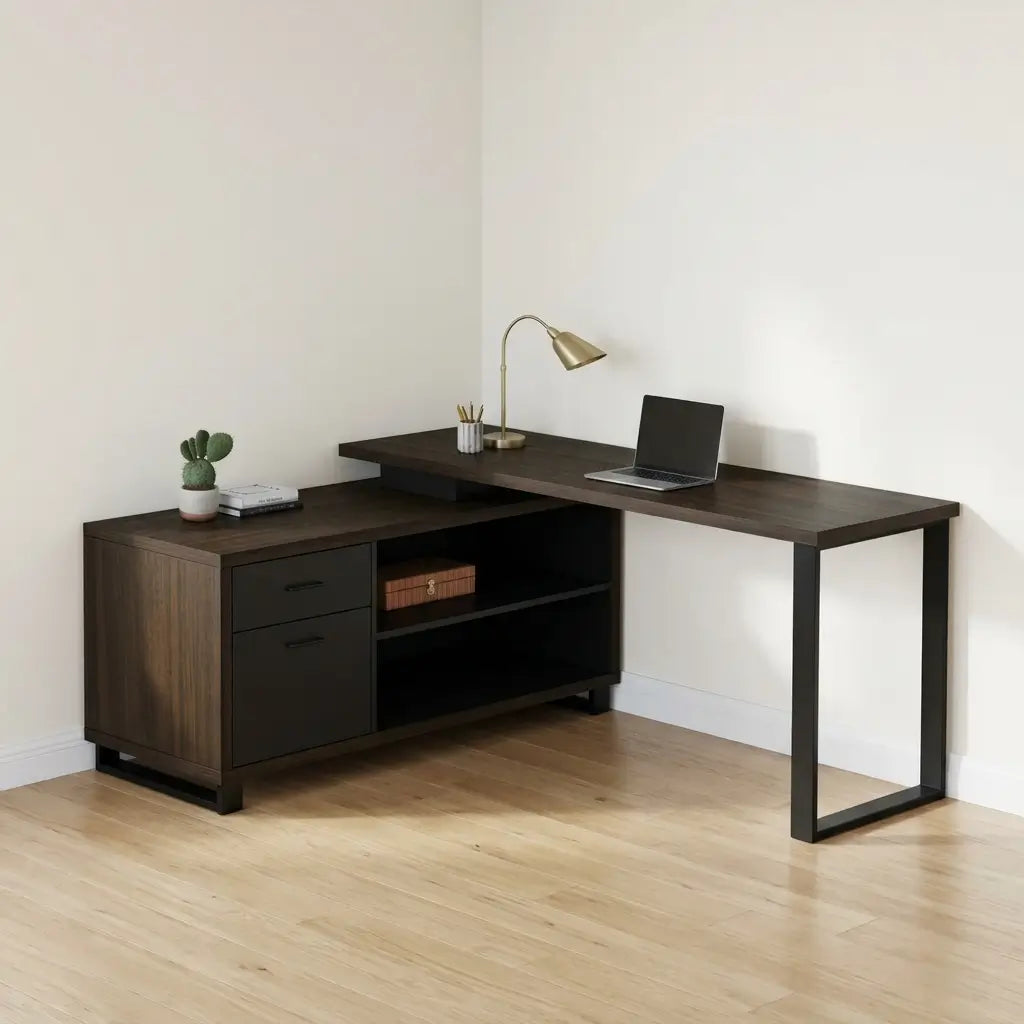 Close-up of two-tiered desktop surface and open shelving on modern corner desk