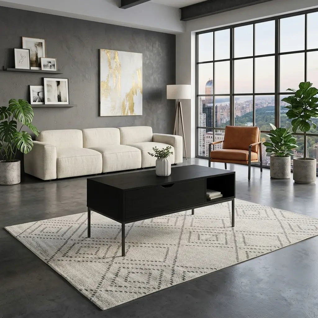 Modern washed oak coffee table with open side storage shelf