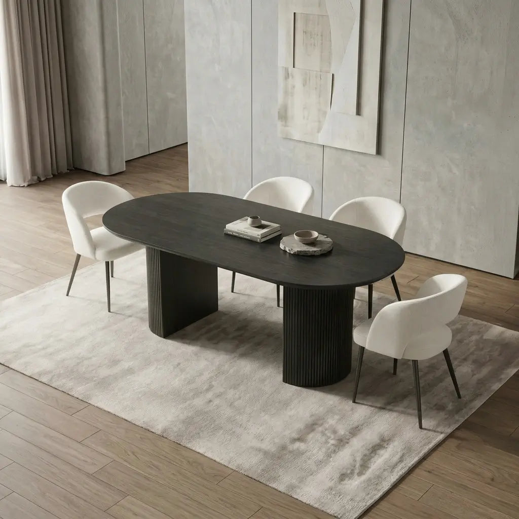 7-Piece Modern Dining Set displayed with rich wood-finish top details and padded fabric chairs in an open-concept dining space