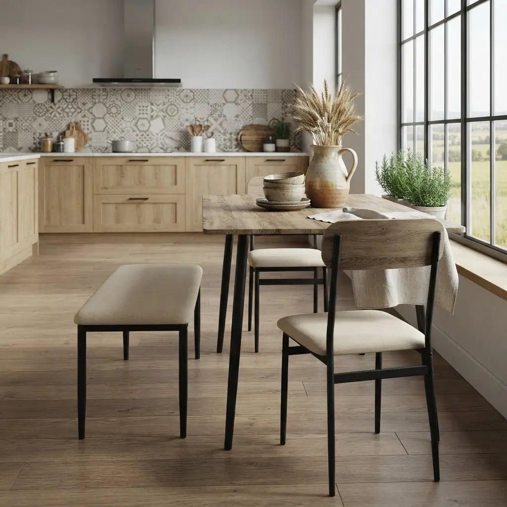 Compact 40 inch rectangular oak look dining table with black metal frame and four padded chairs