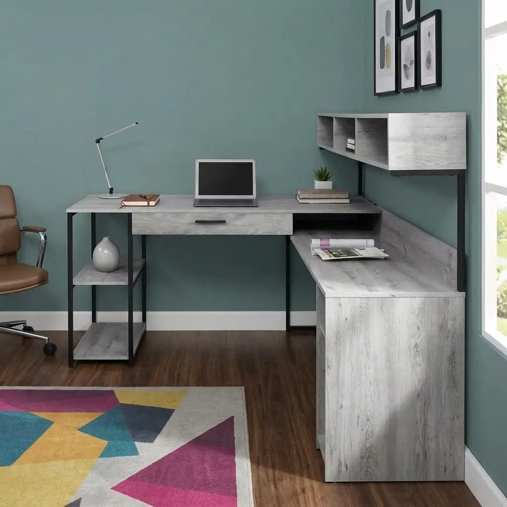 Contemporary L-shaped computer desk styled in a home office setup