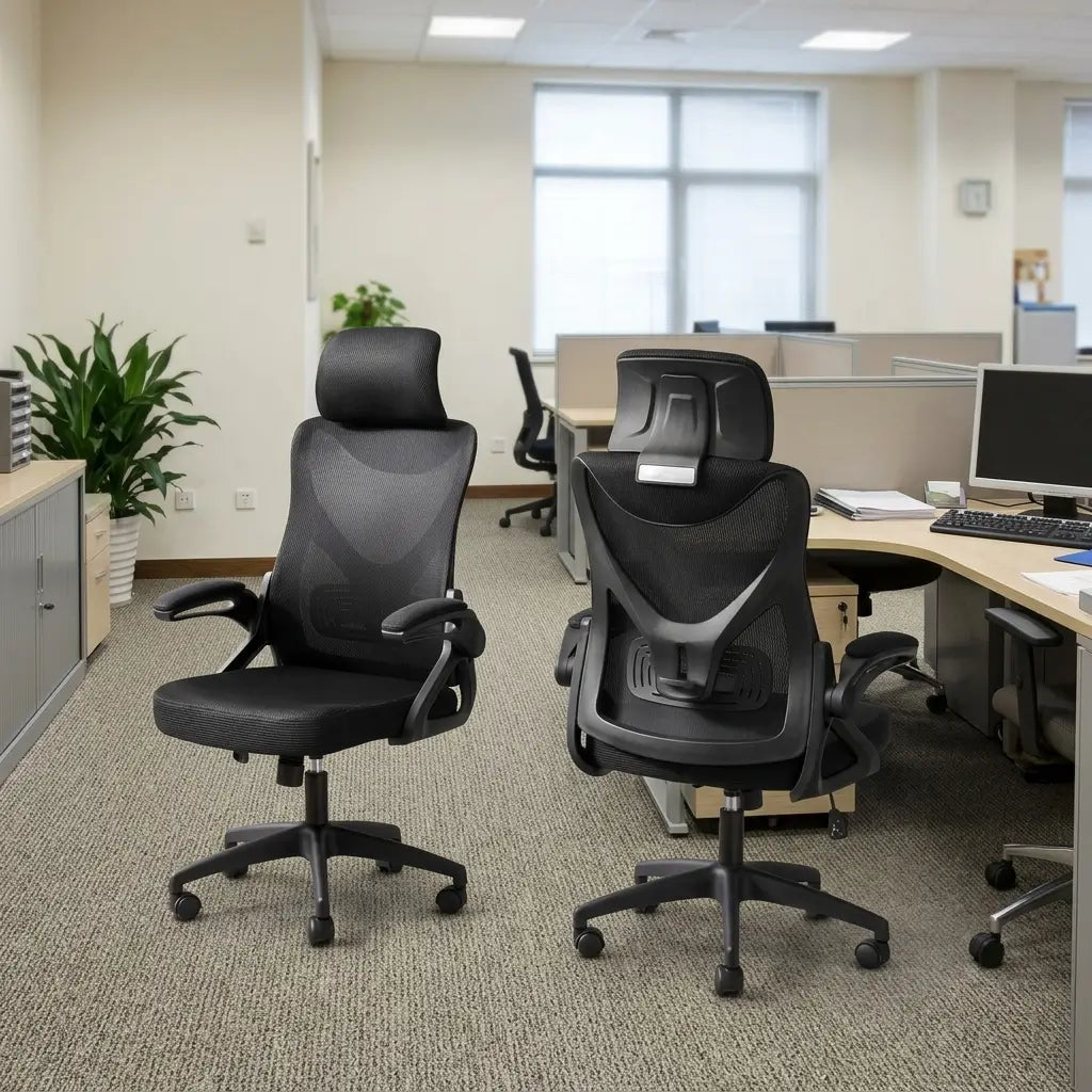 Black and grey leather-look executive high-back office chair with chrome accents, adjustable mesh headrest, and flip-open footrest in a home office