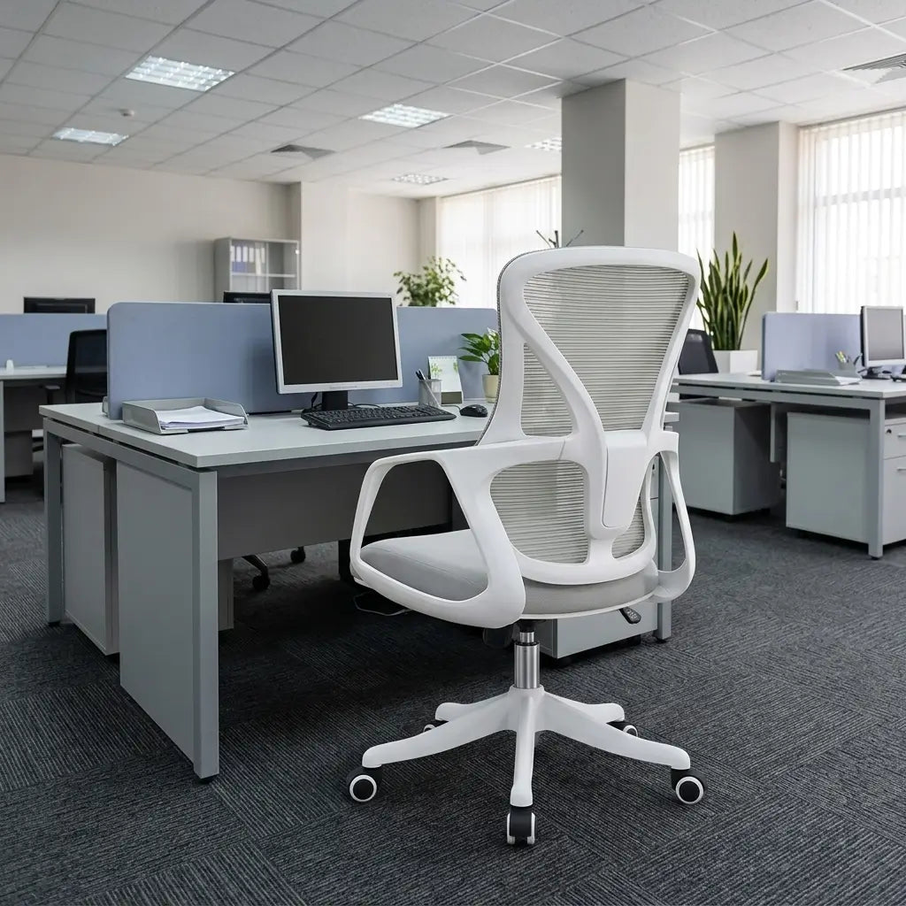 Grey and black mesh back office chair with padded fabric seat, fixed loop armrests, and 5-star rolling base in a home office