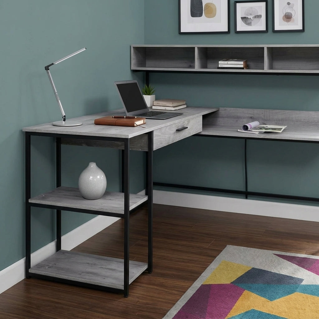 L-Shape corner desk with 3-cubby hutch and open shelving unit