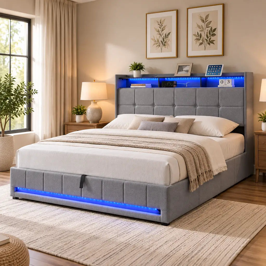 Grey Fabric Hydraulic Storage Platform Bed with LED Lights