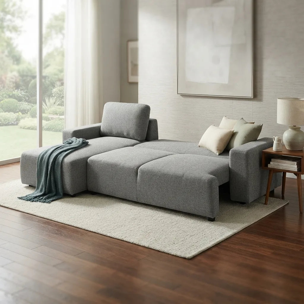Close-up of salt-and-pepper woven upholstery and wide padded block arm on sectional
