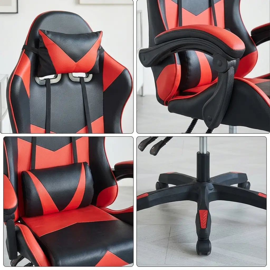 Ergonomic black and red racing style office chair with padded faux leather seat and back, shown at a desk in a home office