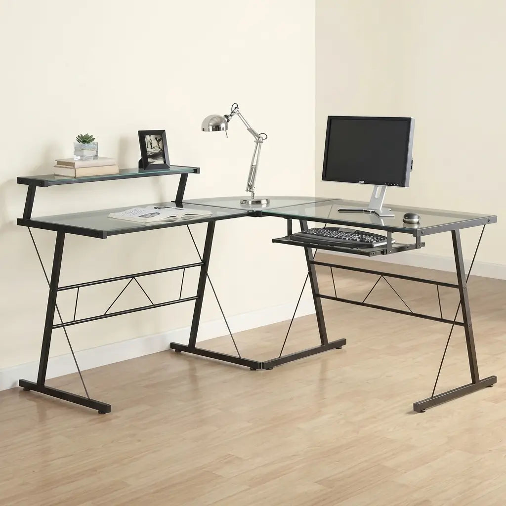 Tempered glass L-shaped corner computer desk styled in a home office