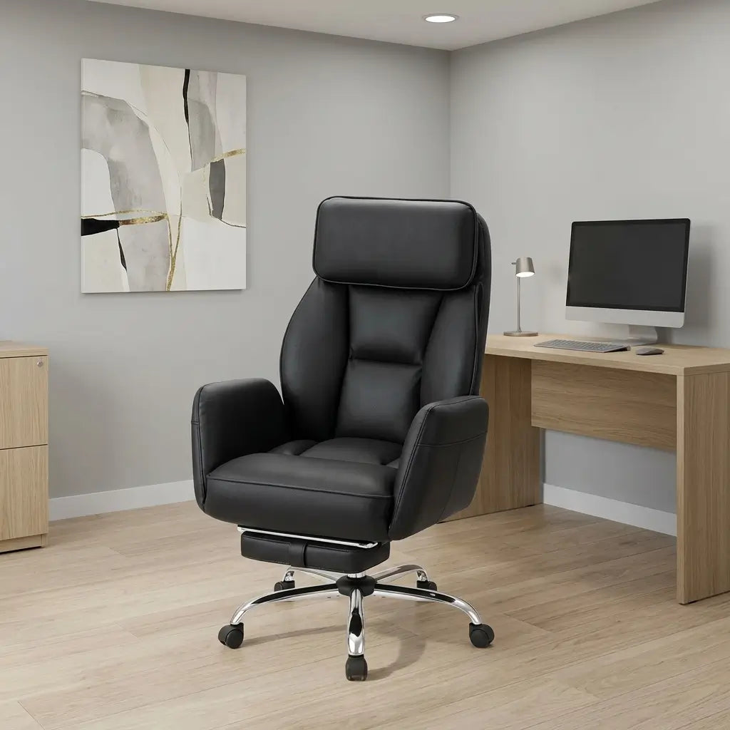 Black and grey leather-look high back office chair front view with plush foam cushioning and supportive armrests