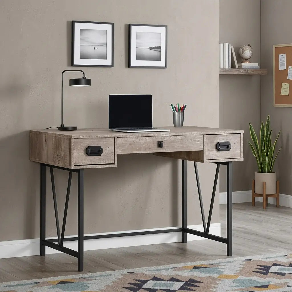 Brown thick-panel desk with warm laminate finish, three storage drawers, and uniquely designed black metal legs in a modern workspace