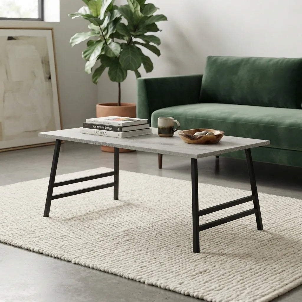 40 inch brown wood look laminate coffee table with metal legs