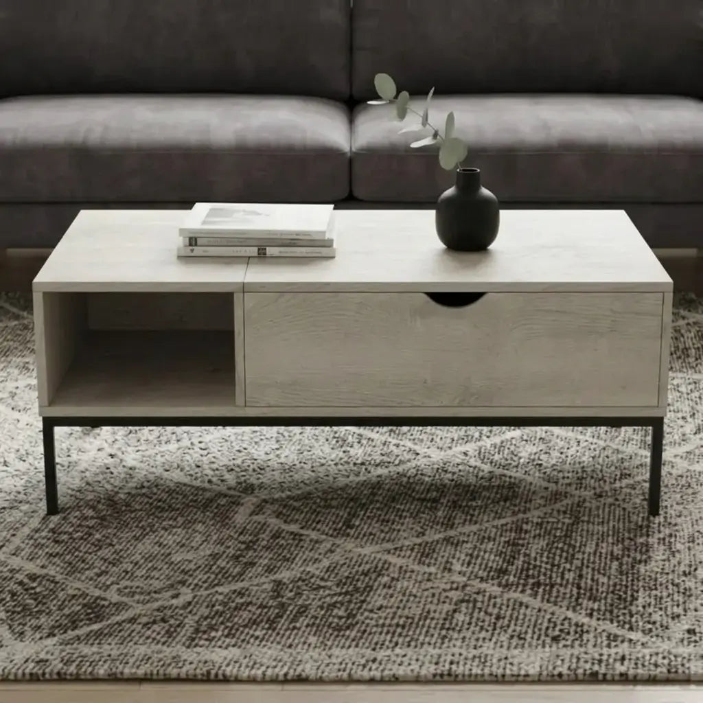 Contemporary industrial coffee table with washed oak top raised to show hidden storage, black metal frame, and open shelf