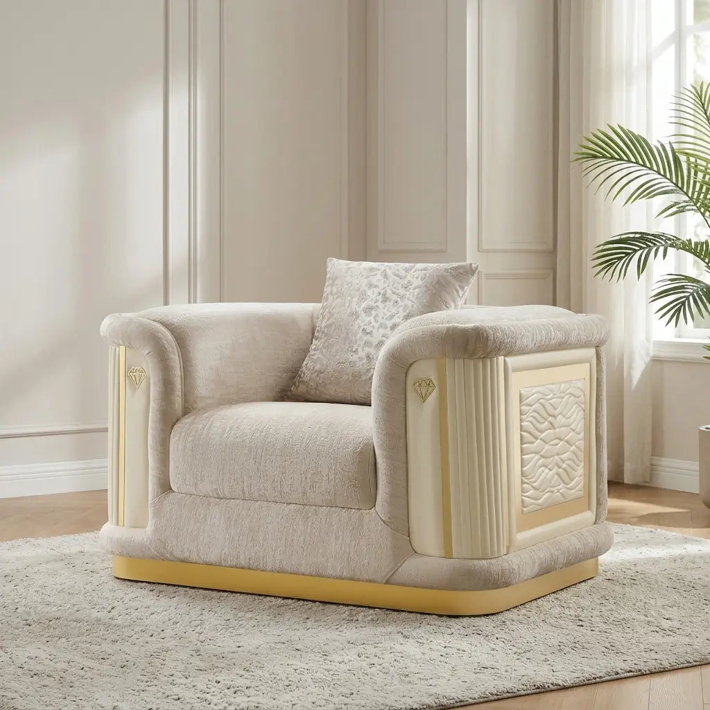 Elegant cream and gold loveseat sofa with textured beige cushions and decorative pillows on a light beige rug