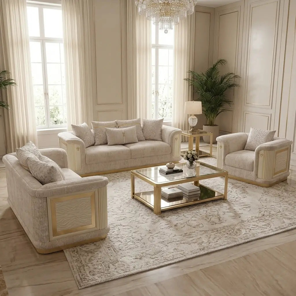 Luxury living room set featuring a cream-colored sofa, two matching armchairs with gold trim, a glass-top coffee table with a gold frame, and a large patterned area rug