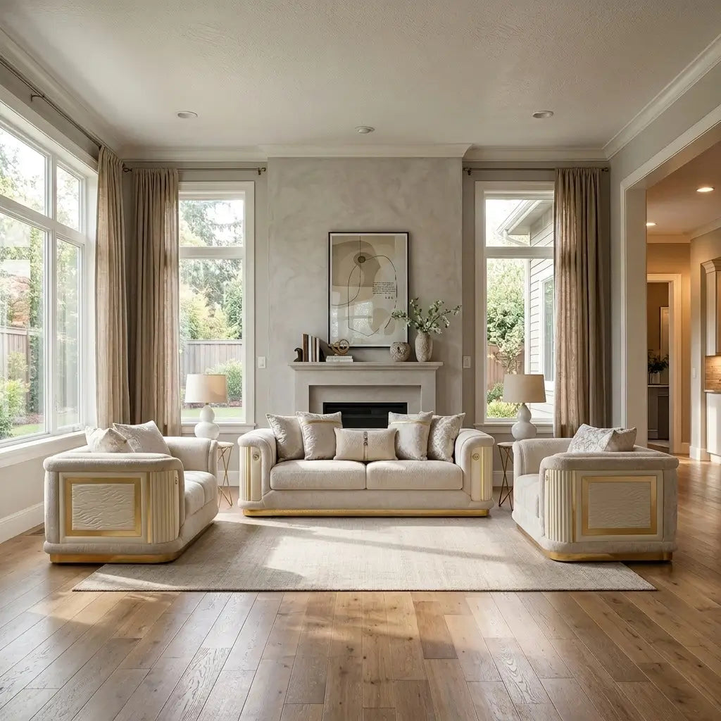 Staged living room featuring a cream and gold three-seater sofa flanked by two matching armchairs on a light rug in front of a white fireplace