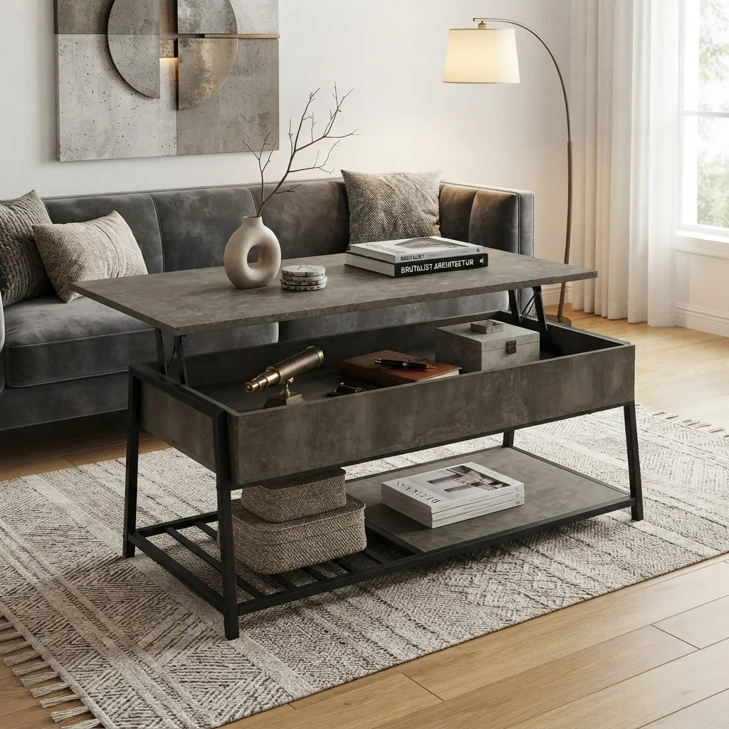 Spacious slatted bottom shelf on black metal lift top coffee table