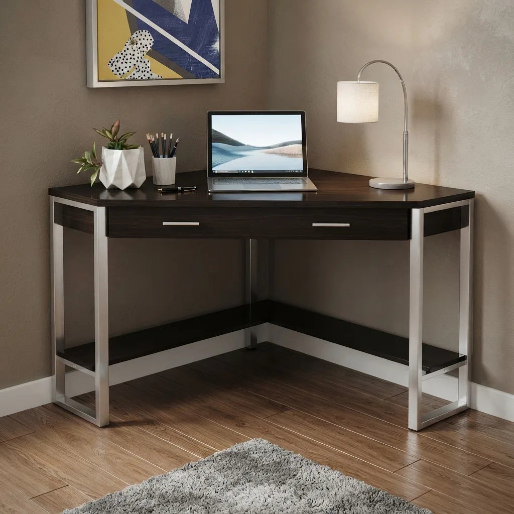 Corner desk bottom L shaped shelf for computer tower storage