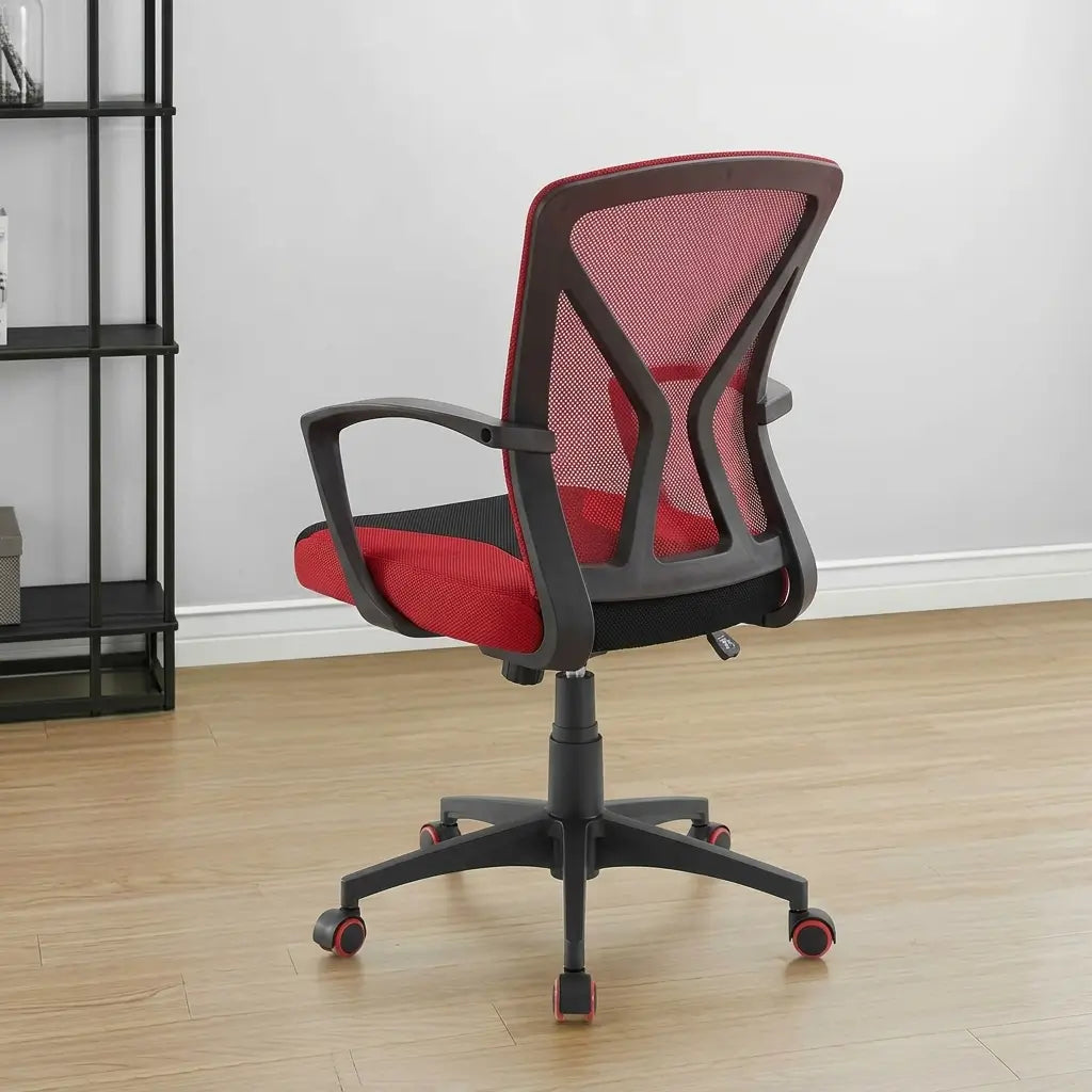 Black and red mesh gaming chair angled view showing adjustable height lever and durable caster wheels