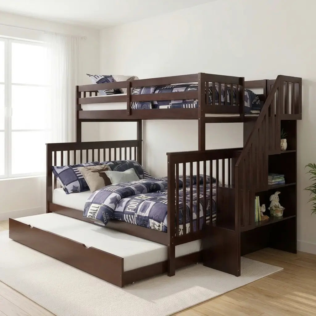 Mission style single over double solid wood bunk bed with staircase and storage shelves