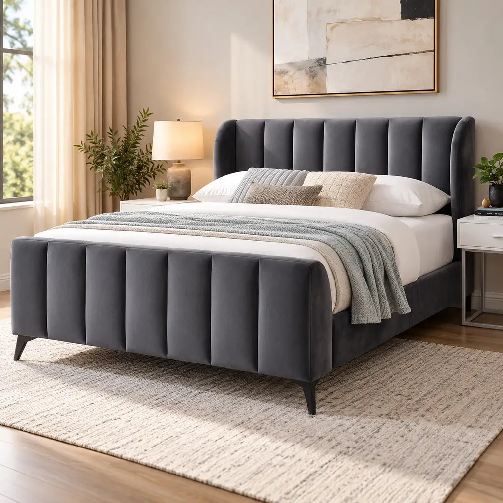 Grey Velvet Wingback Bed with Black Metal Legs