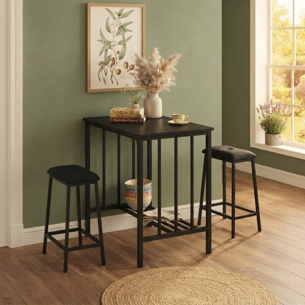 Counter-Height Dining Set with 2 Tufted Stools showing a close-up of the smooth grey wood-grain laminate surface and sturdy table legs