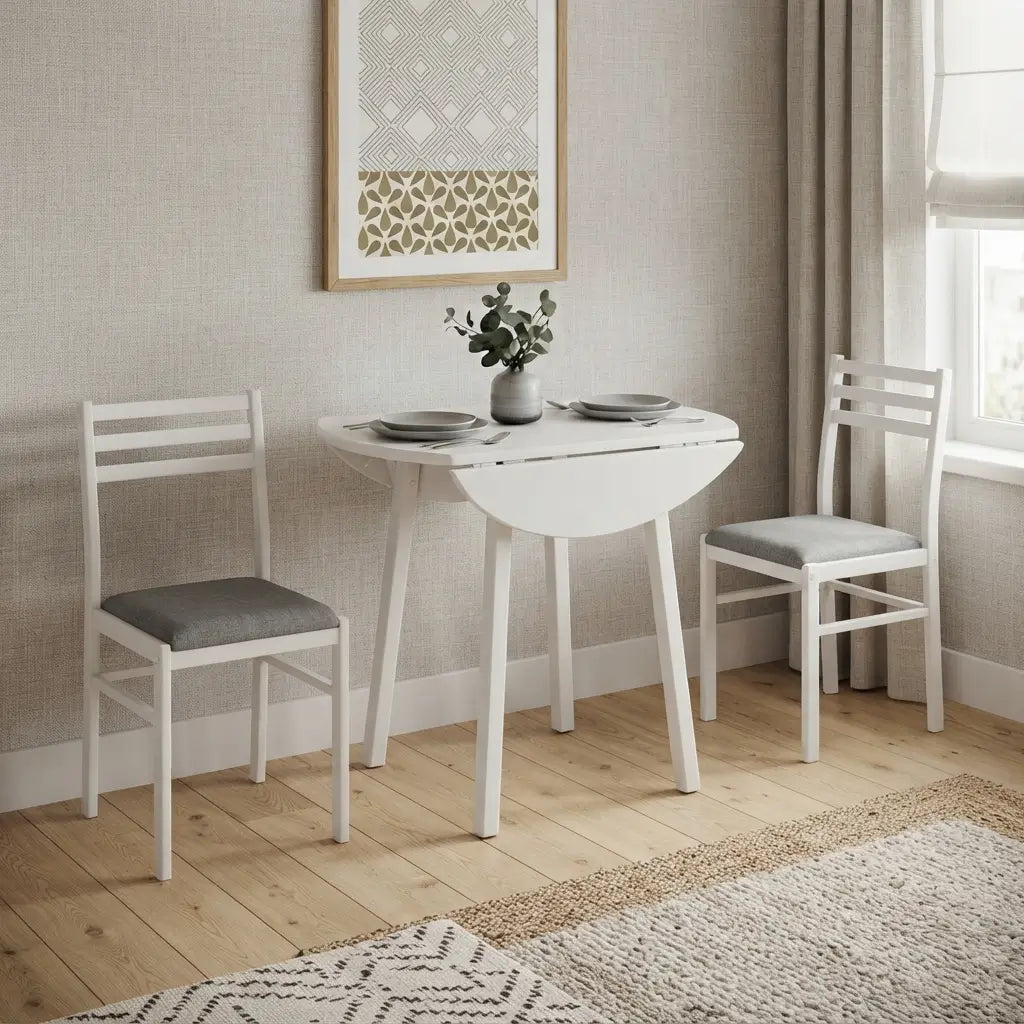 Space saving round drop leaf dining table with two hinged 7 inch leaves folded