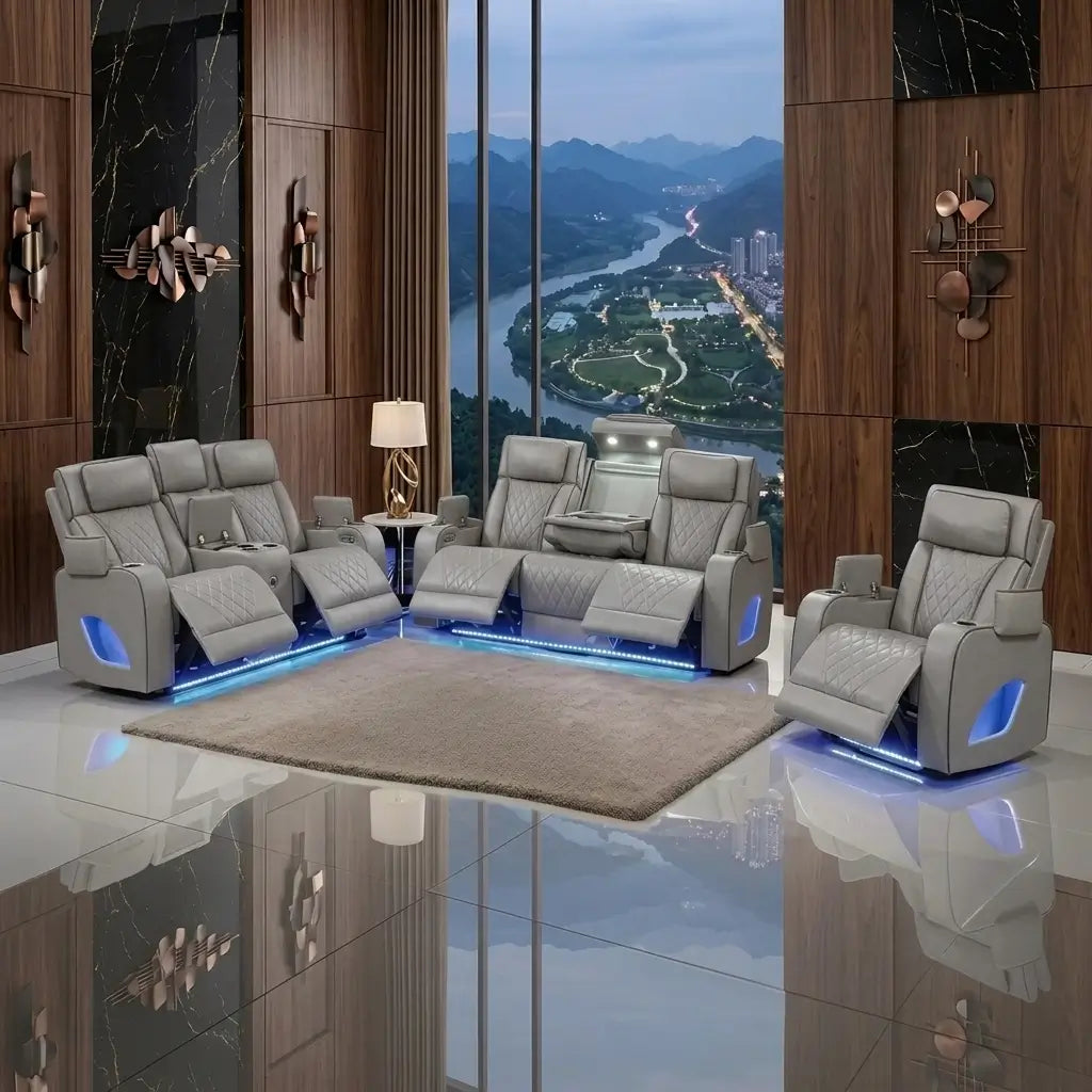 Modern grey leather sofa set with elegant textured upholstery and balanced comfortable seating in a contemporary living space