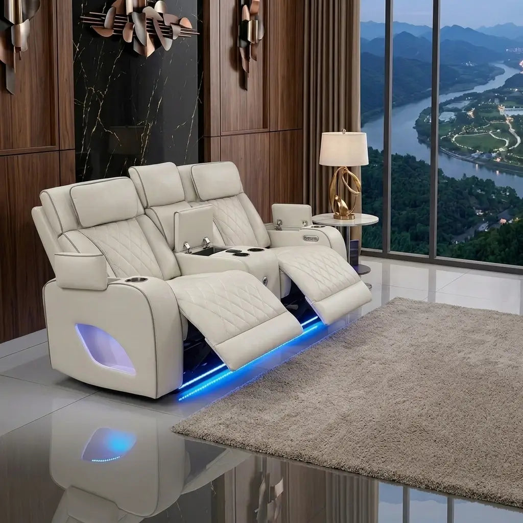 Modern grey leather sofa with soft breathable upholstery and plush cushioned seats in a contemporary living room