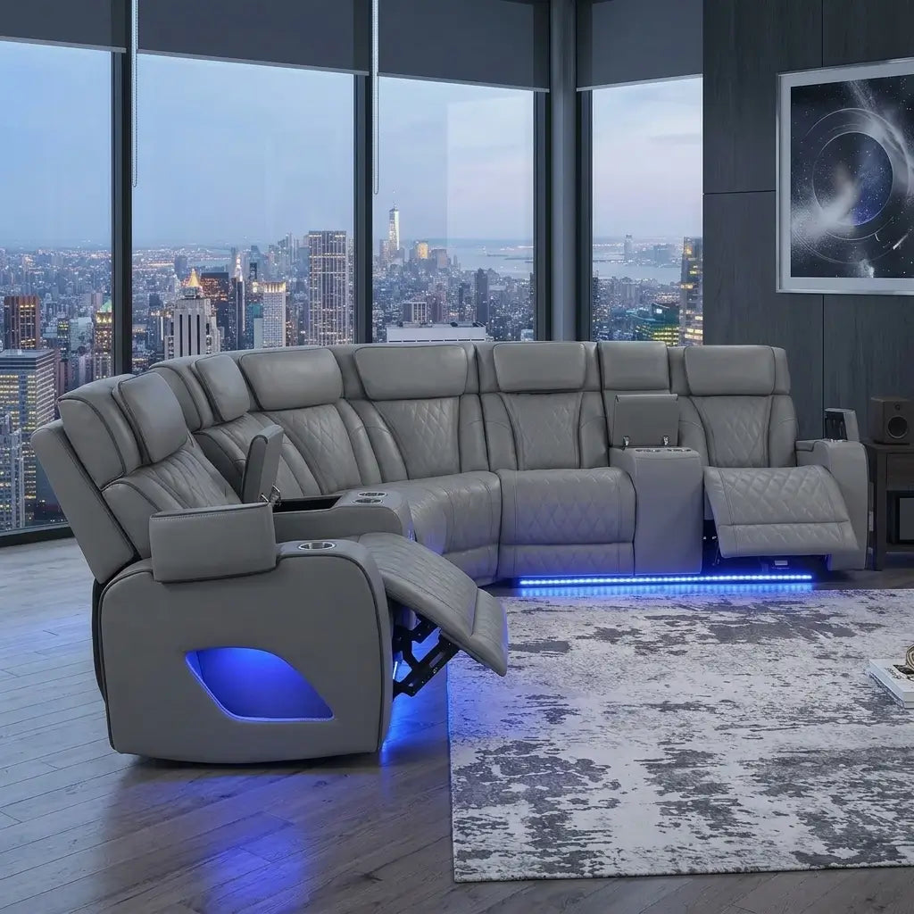 Modern power reclining sectional in premium faux leather with built-in speakers and LED ambient lights, styled for movie nights