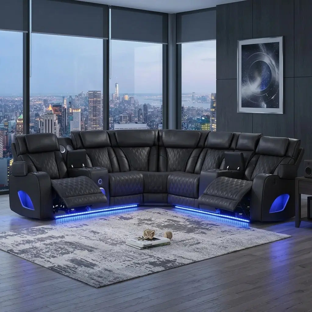 Modern ice-colored faux leather power reclining sectional with center console, built-in Bluetooth speakers, and LED lighting in a living room