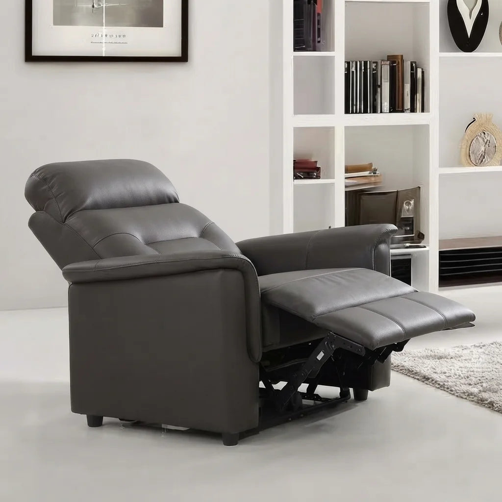 Soft brown leather power recliner with footrest extended