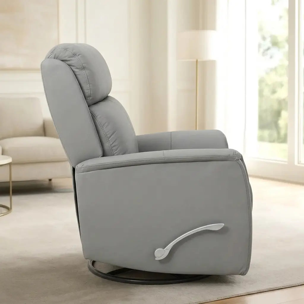 Soft pewter grey leather match glider rocker recliner with high-density foam cushions and side pull reclining handle in a living room