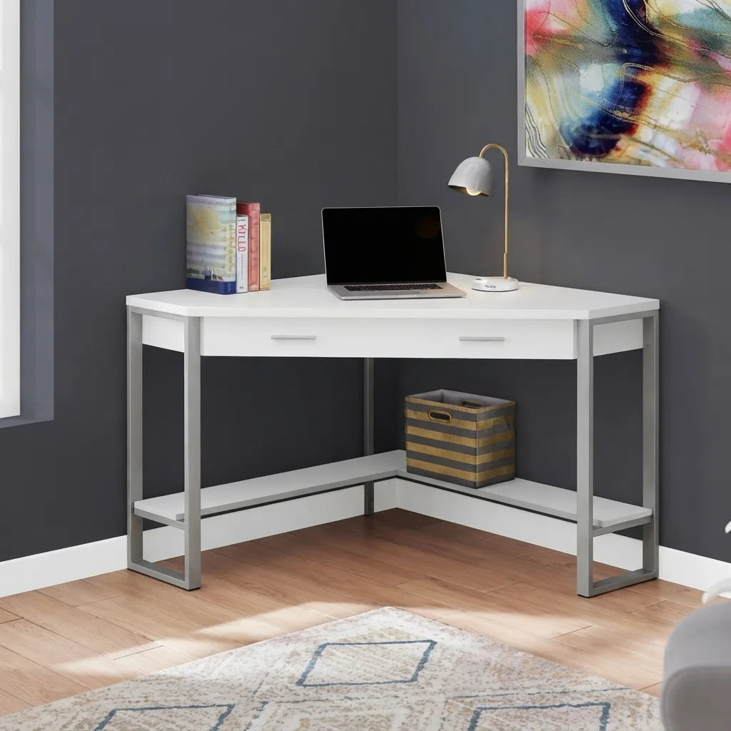 Extra wide storage drawer with silver handles on corner desk