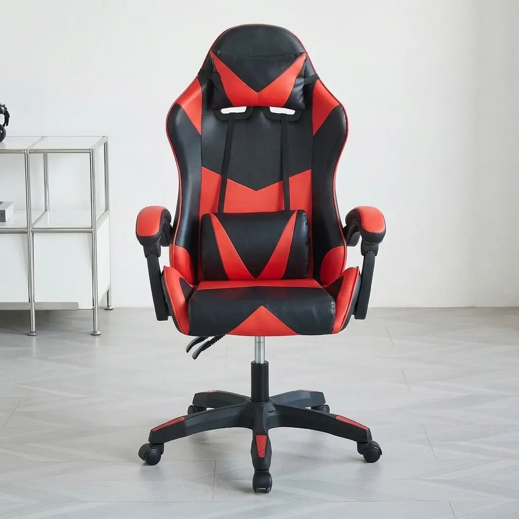 Sporty red and black faux leather gaming chair with 360-degree swivel, adjustable tilt, and racing-inspired design in a bedroom setup