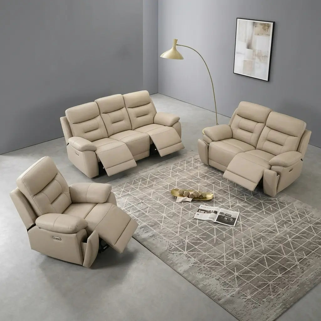 Cream beige leather power recliner chair with footrest extended