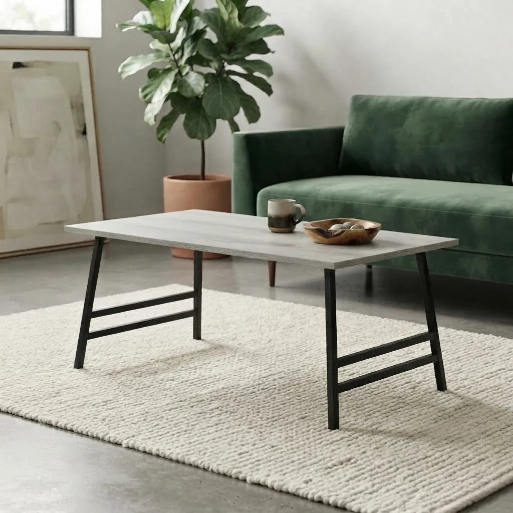 40 inch grey laminate mid century coffee table with silver metal base