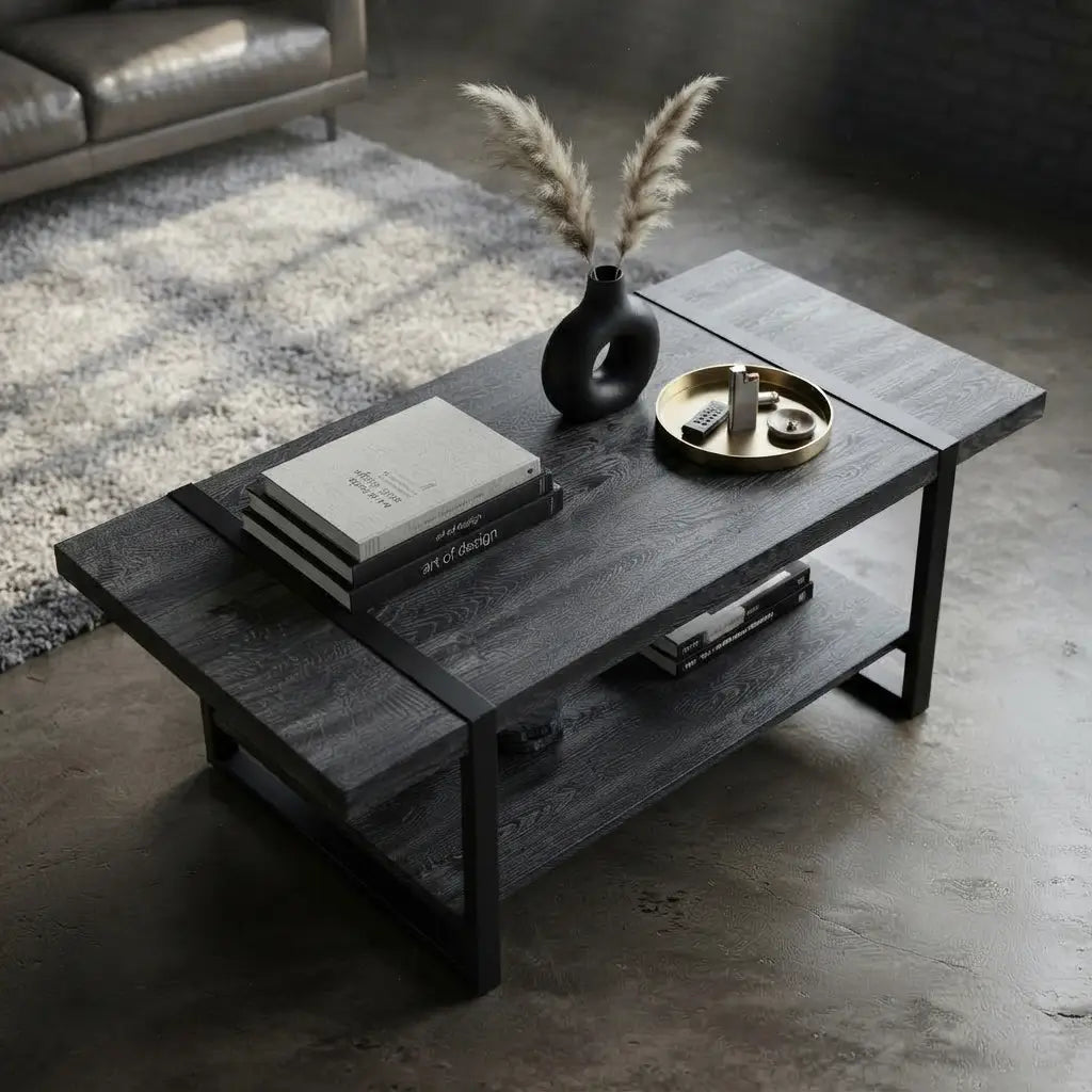 Rectangular black wood look coffee table with lower shelf and industrial metal legs