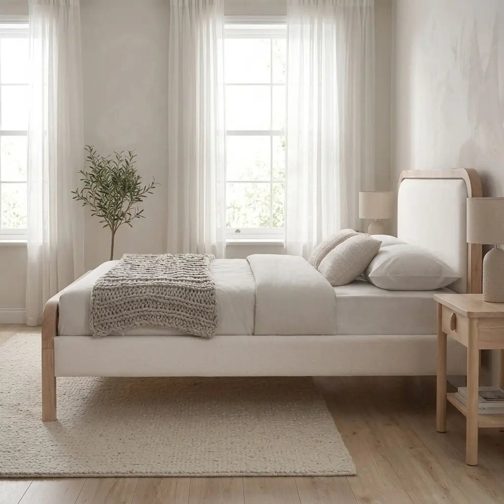 Beige Fabric Platform Bed with Natural Wood Frame