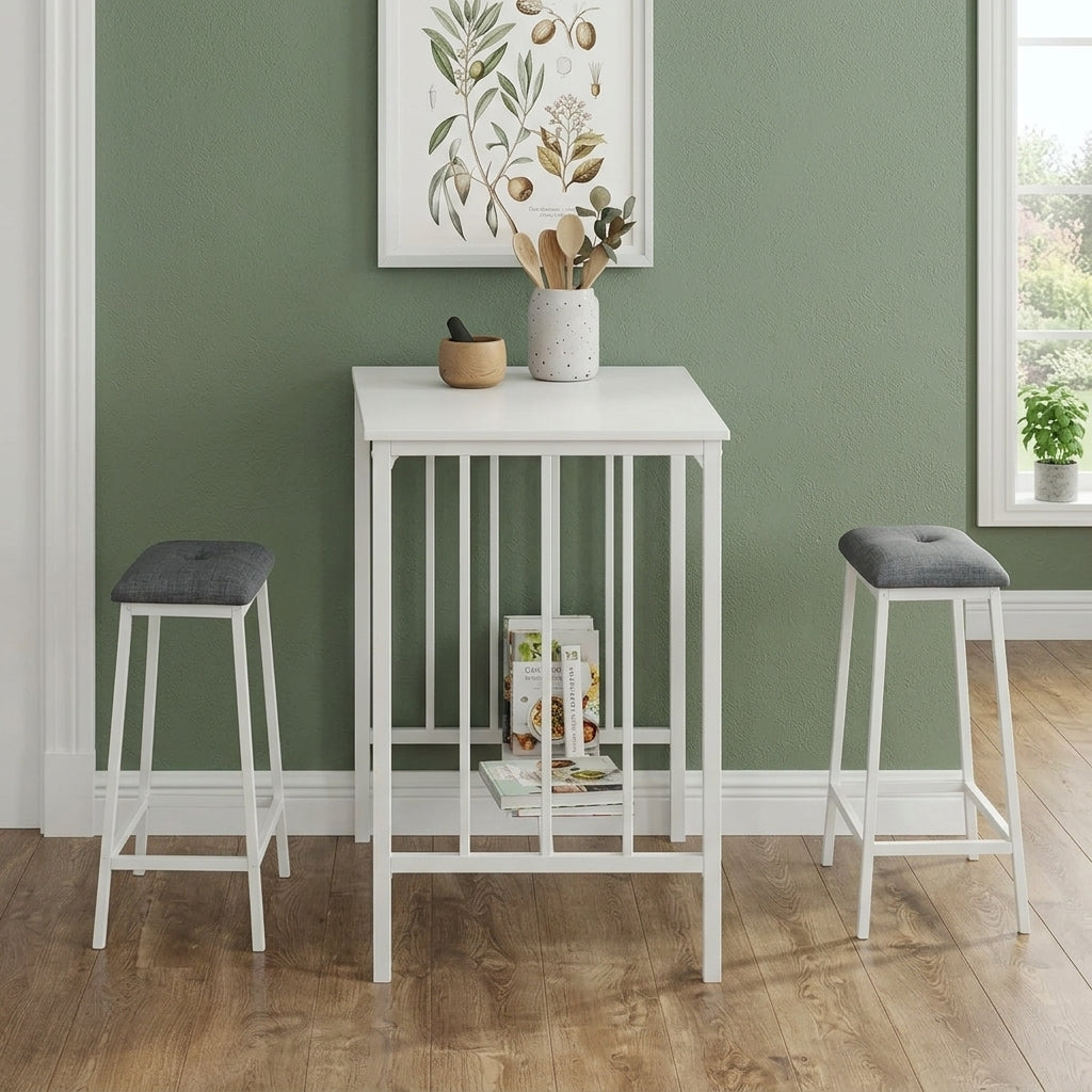 Counter-Height Dining Set with 2 Tufted Stools highlighting the comfortable tufted grey fabric upholstery and supportive footrest bars