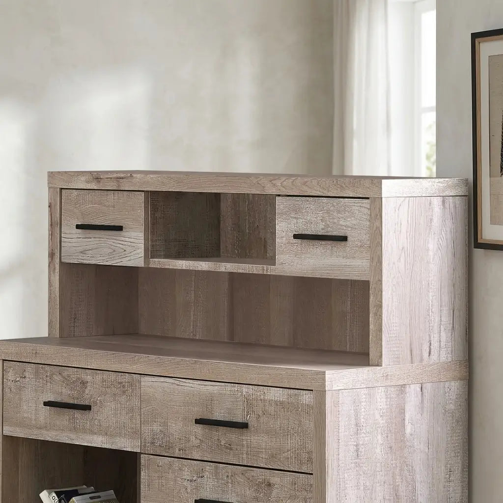 Space-saving corner desk with thick-panel brown laminate top, sturdy black metal legs, and hutch holding books and decor